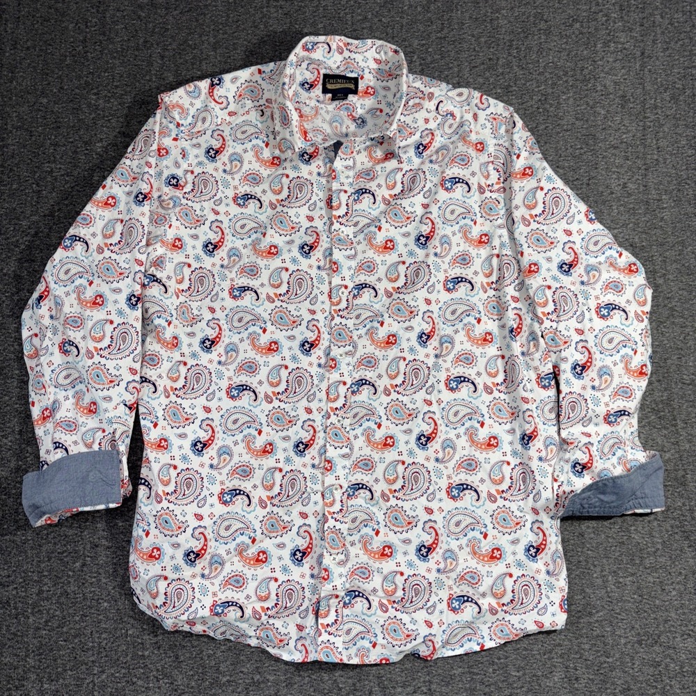 Cremieux Premium Paisley Button Down Shirt Tall 2XT Stretch White/Red Colorful